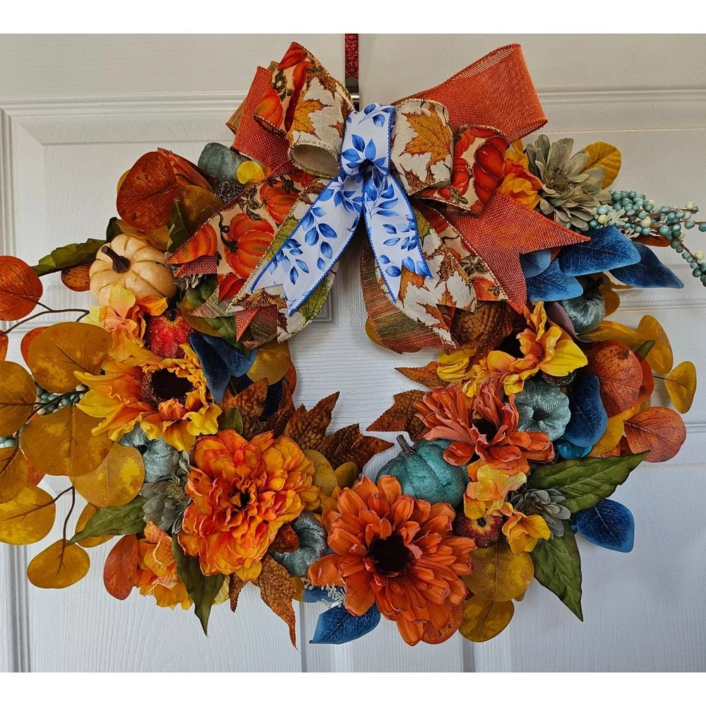 Handmade Fall Wreath Autumn Front Door Decor Teal Orange Pumpkins Sunflowers 24